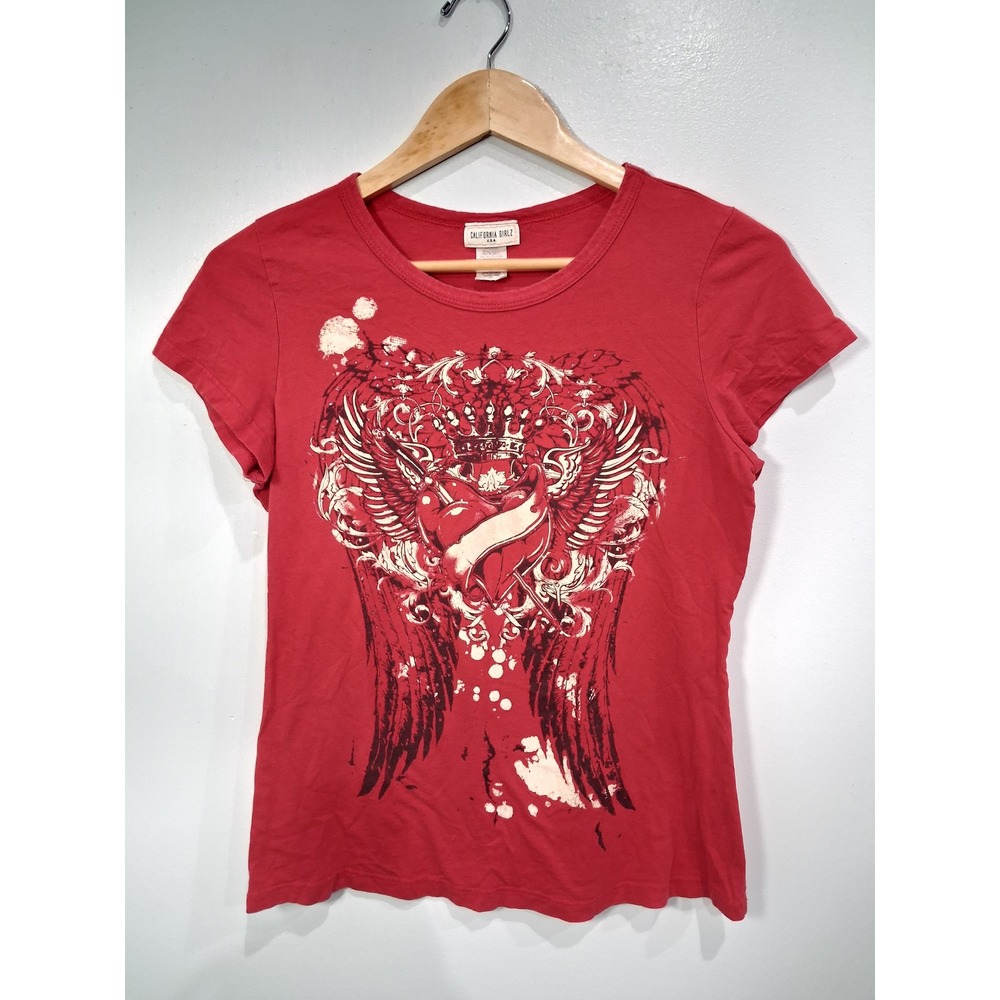 California Girlz Red Winged Heart Crown Graphic T-Shirt Y2K Grunge XL 5918